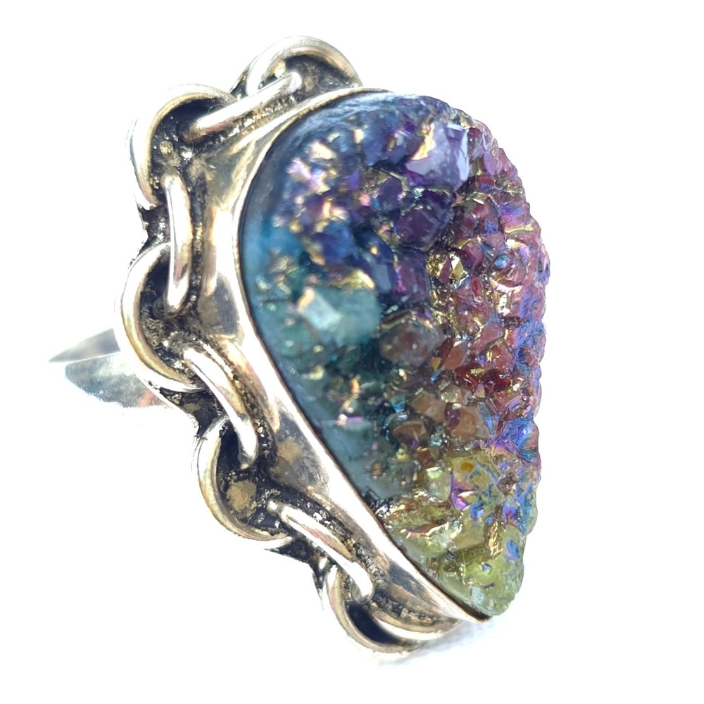 Sterling Silver Peacock Druzy Ring Size 7 Artisan Rainbow Crystal Statement Ring - Picture 2 of 9